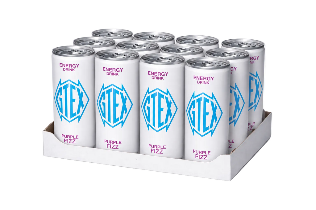 Pack of GTEX energy drink cans on a white background